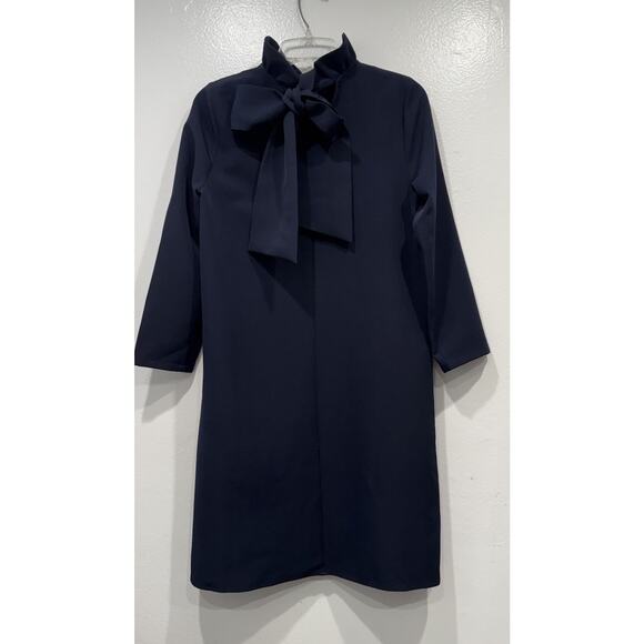 Tuckernuck Navy Blue Daphne Dress Women’s Size Small Bow Tie Ruffle Neck Pockets - Picture 3 of 10